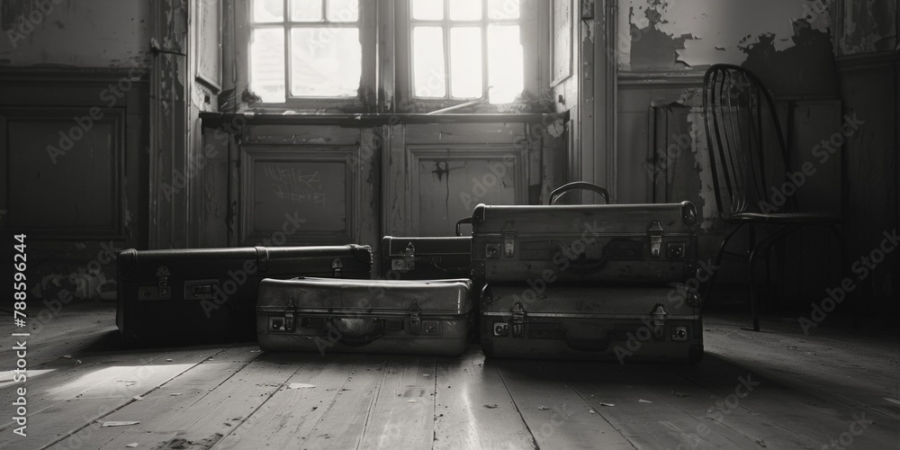 A monochrome image of multiple suitcases, perfect for travel concepts A monochrome image of multiple suitcases, perfect for travel concepts