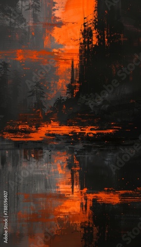 An abstract digital painting in black and orange, showcasing a tragic struggle between old and new. Minimalism and negative space evoke a world of contrasts and emergence. © Thor.PJ