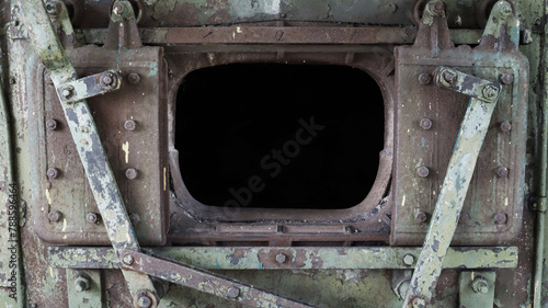 An open firebox from the boiler of an old steam locomotive. photo