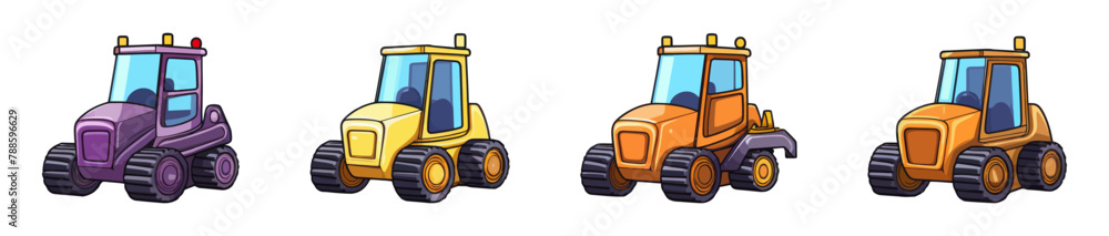 Detailed illustration of four tractors lined up in a row. Detailed illustration of four tractors lined up in a row.