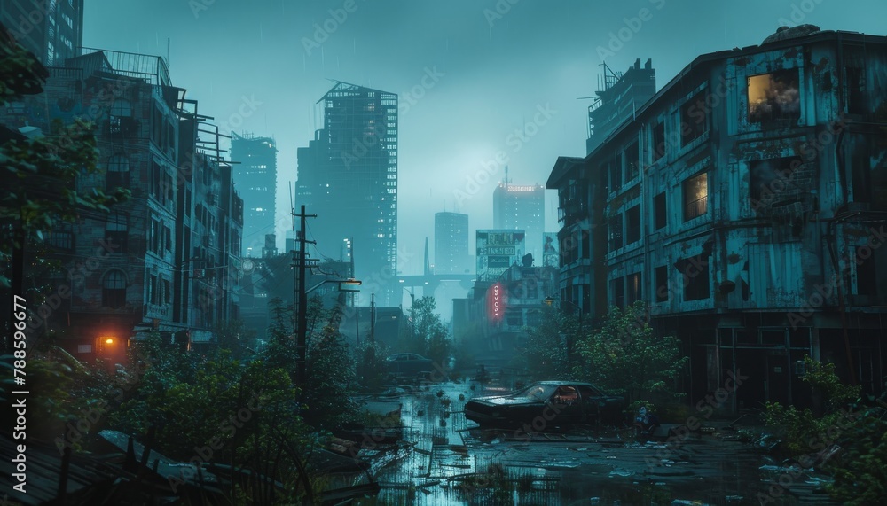 In a post-apocalyptic city, Blue Atoll and Vibrant Yellow light up the futuristic skyline, symbolizing the battle between despair and hope. - obrazy, fototapety, plakaty 