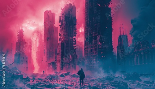 A dystopian cityscape, illuminated in pink and navy blue, symbolizing the stark contrast between despair and hope in a post-apocalyptic world.
