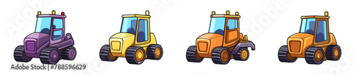 Detailed illustration of four tractors lined up in a row.