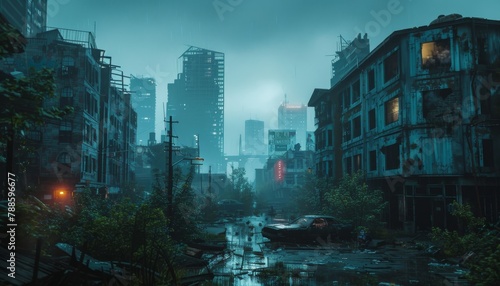 In a post-apocalyptic city, Blue Atoll and Vibrant Yellow light up the futuristic skyline, symbolizing the battle between despair and hope. photo
