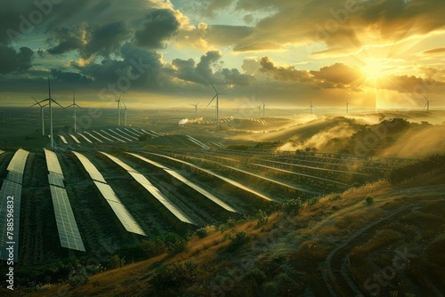 Renewable energy transition, wind and solar farms, sustainable future, clean power photo