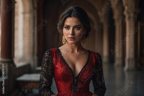 Spanish Woman in Red and Black Dress