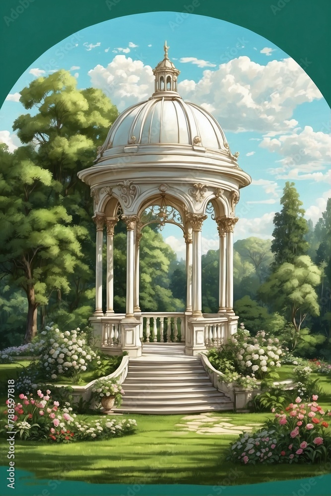 White gazebo on lush green field White gazebo on lush green field