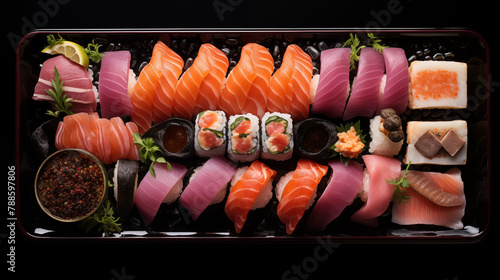 Plateau de sushi et maki. Nourriture asiatique, japonais. Sushi saumon, thon, crevettes, daurade. Délicieux, bon, sain. Sauce soja. Cuisine, spécialité culinaire de Tokyo. Pour conception et création. photo