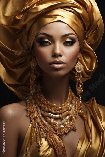 Woman in Gold Turban with Flowing Golden Scarf