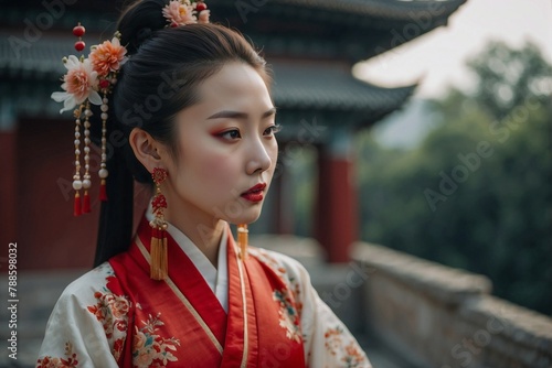 Beautiful Chinese Woman in Traditional Attire Poses for a Photo