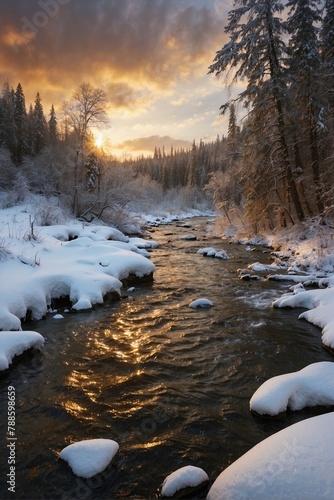 Golden Sunset over a River in a Snow-Covered Forest