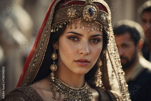 Portrait of Turkish Woman in National Attire with Black Hair and Brown Eyes