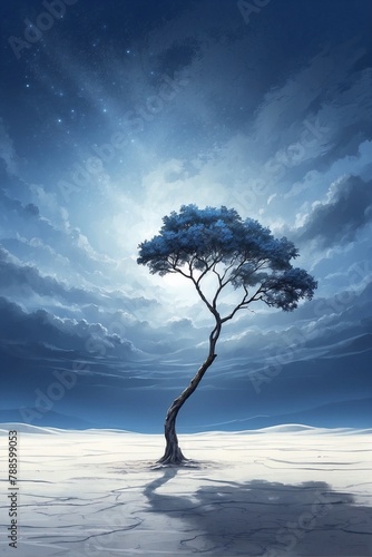 Lonely Tree in the Middle of White Desert  Soft Blue Moonlight