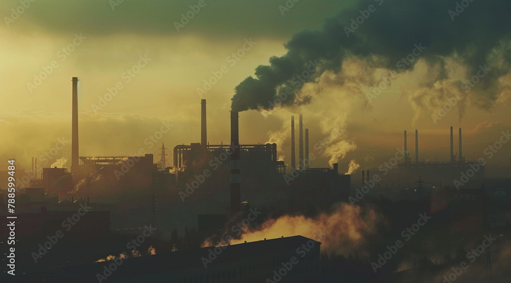 Industrial landscape with heavy pollution generated by a large factory