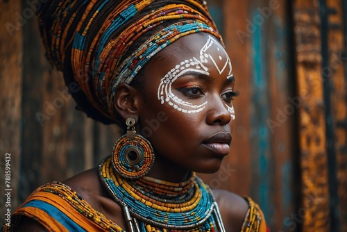 Beautiful African Tribe Woman with Face Paint, Traditional Attire and Ornaments photo