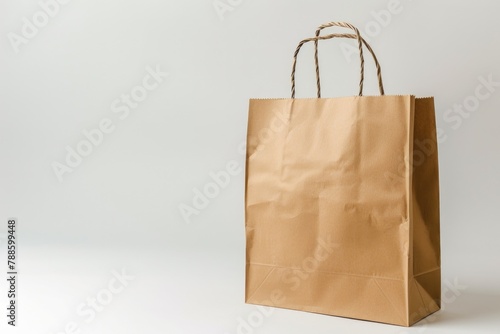 A simple brown paper bag on a clean white surface. Suitable for various concepts and designs