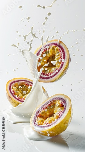 Flying fresh delicious half sliced passion fruit in milk and yogurt. Creative food layout. Food levitation concept.