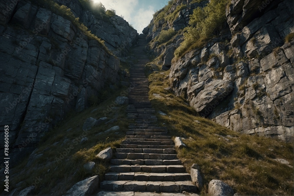 Majestic Stone Staircase Leading to the Mountain Summit Overlooking the Cliff