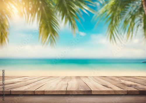 Background Abstract seascape with palm tree, tropical beach background. blur bokeh light of calm sea and sky summer vacation concept 