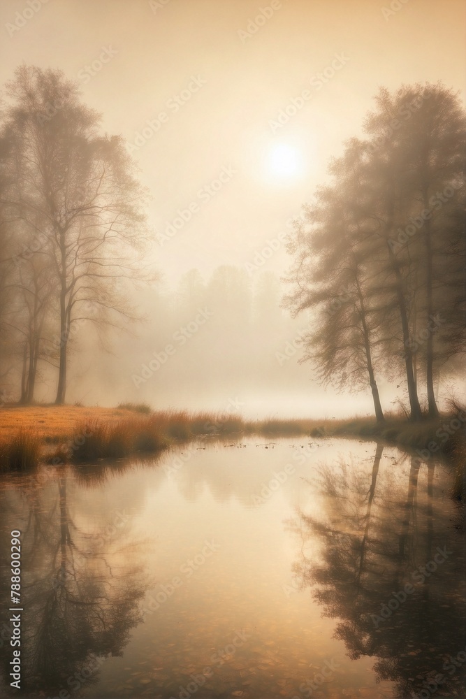 Fototapeta premium Large Body of Water Surrounded by Trees, Light Orange Haze