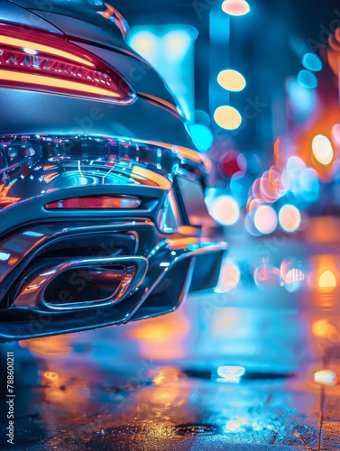 Sleek and powerful lines of a luxury sports car are accentuated by the mesmerizing play of neon lights, reflections, and atmospheric urban scenery, creating a visually captivating automotive showcase.