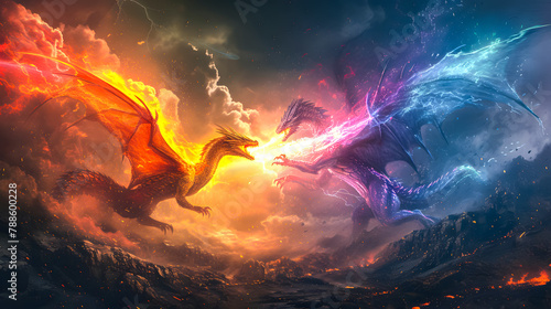 3d illustration Dragon War, epic battle between fire dragon and lightning dragon. concept art, 3D rendering
