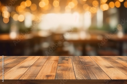 The empty wooden table top with blur background of cafe. Exuberant image. generative ai © Summit Art Creations
