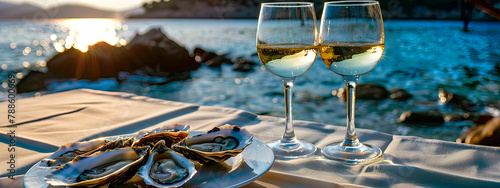 wine and oysters against the backdrop of the sea. selective focus.