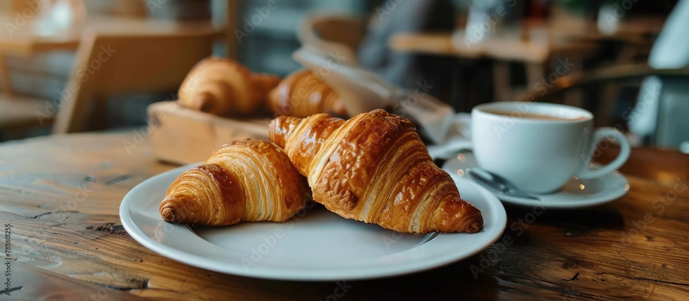 Morning meal featuring coffee and croissants Morning meal featuring coffee and croissants