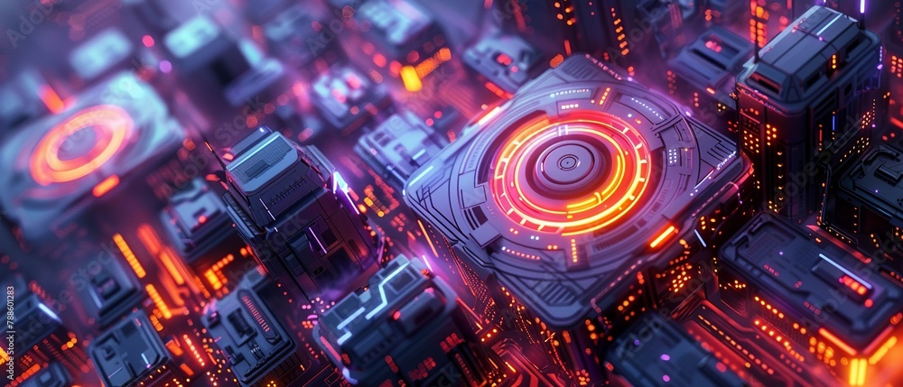 Produce a captivating aerial view abstract background using digital rendering techniques, focusing on futuristic technology elements Incorporate sleek lines, vibrant neon colors, and intricate geometr