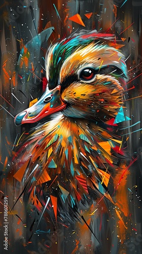 Capture a whimsical birds-eye view of a classic fantasy duck in vivid watercolors, showcasing intricate details in its feathers.