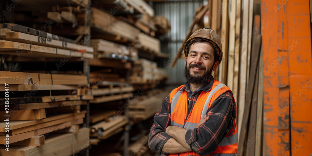 Portrait of a Worker in timber and wood warehouse in reflective west	
