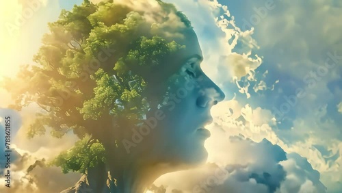 A silhouette of a man created from a green tree breathing in pure oxygen. symbiotic relationship between man and nature. caring for the environment. environmentalism. ecology.