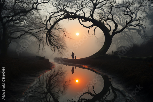 A person dark silhouette stands by a reflective river under a foggy sunrise among silhouetted trees