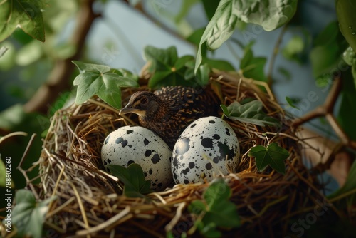 A bird sitting in a nest with three eggs. Suitable for nature and wildlife themes