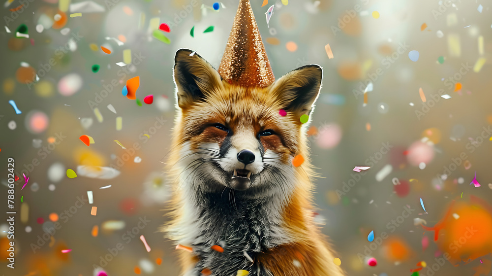 Obraz premium A photorealistic red fox wearing a party hat with confetti around, looking happy and smiling