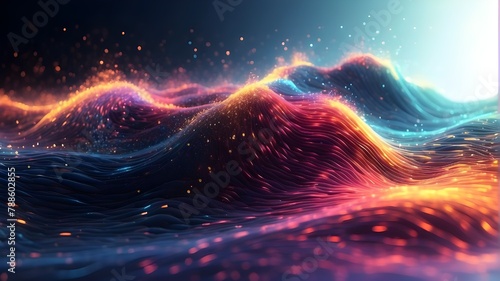 A tidal wave of bright particles. big data illustration.