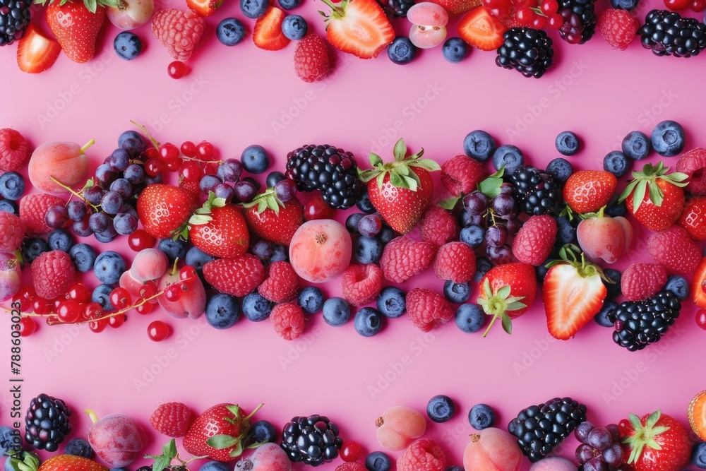 Fresh variety of berries on a vibrant pink background. Perfect for summer fruit concepts Fresh variety of berries on a vibrant pink background. Perfect for summer fruit concepts