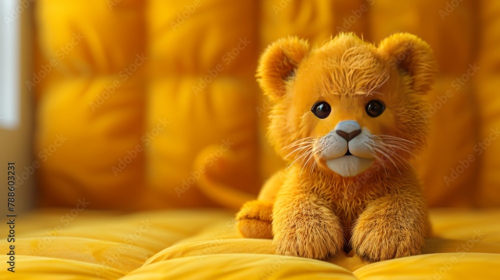Fototapeta premium Cute teddy bear on bed, closeup. Baby toy