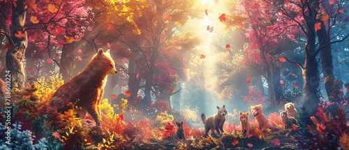 Illustrate an adorable scene of cuddly animals frolicking in a vibrant watercolor forest canopy, full of vivid hues and playful energy