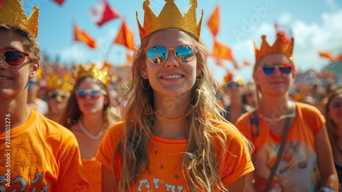 Happy Kings  Day in Netherlands, Group of People in Orange Shirts and Crowns