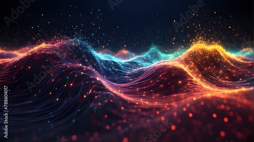 A tidal wave of bright particles. big data illustration.