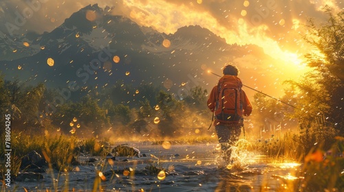 The back of a person running or hiking in the forest, mountains at sunset. Golden hour. Blurred background. Sports, leisure and outdoors. Healthy lifestyle. 