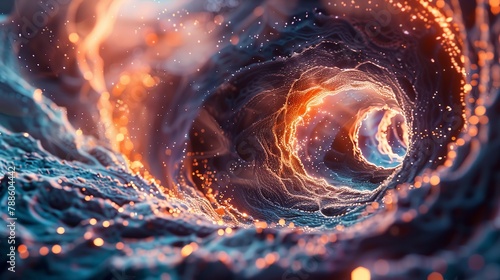 Illustrate a high-angle view of intricate 3D polygons converging into a swirling vortex, digitally rendered with photorealistic details for a mesmerizing gateway effect photo