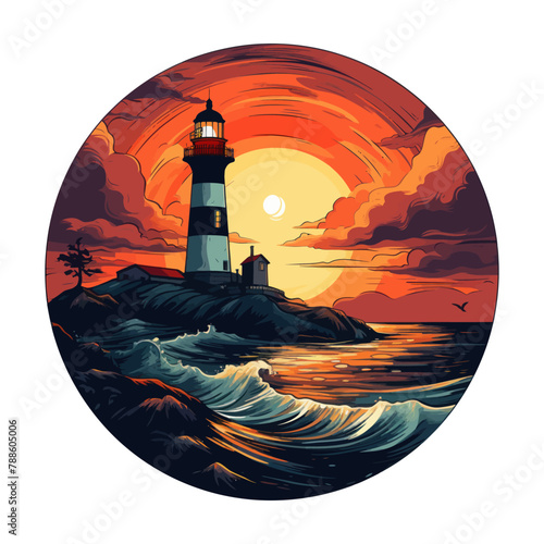 A painting featuring a lighthouse standing tall with a vivid sunset in the background.