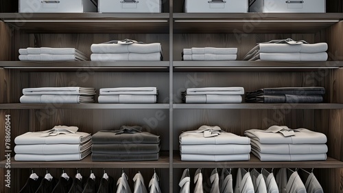 a modern closet adorned with a symmetrical arrangement of white and other shirts, meticulously folded and stacked to showcase flawless organization and stylish simplicity.