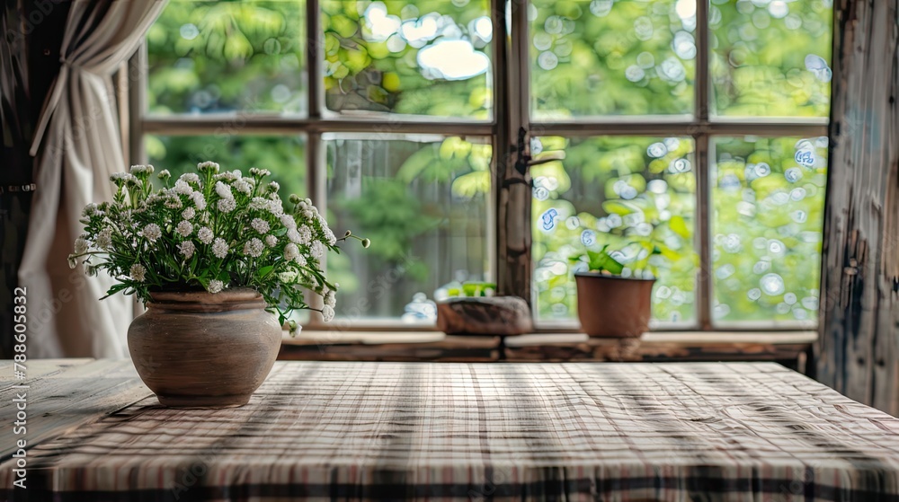 checkered tablecloth adorning a wooden table, setting the scene for a cozy dining experience checkered tablecloth adorning a wooden table, setting the scene for a cozy dining experience