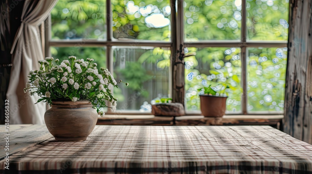 checkered tablecloth adorning a wooden table, setting the scene for a cozy dining experience