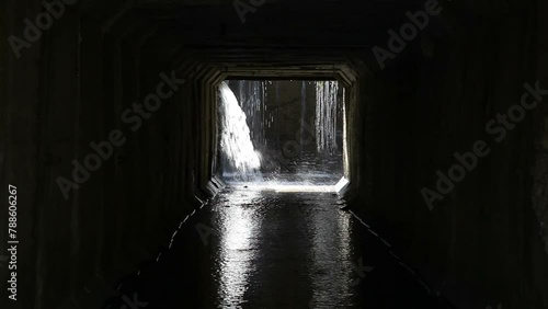 City sewer of a big city. Wastewater flows through an underground tunnel.Treatment facilities.