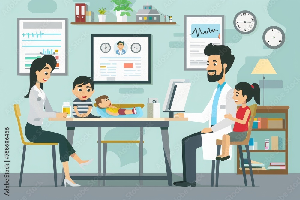 Flat illustration of doctor taking care patients in hospital room, AI generated Flat illustration of doctor taking care patients in hospital room, AI generated